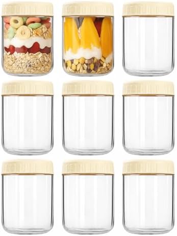 Overnight Oats Containers with Lids, 16oz Wide Mouth Mason Jars with Lids, 9 Pack Glass Jars with Airtight lid for Chia Pudding Yogurt Salad, Meal Prer Oatmeal Jars, Yellow