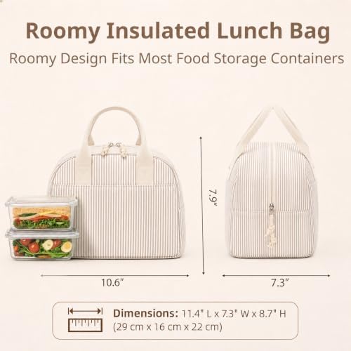 LOVELYWIND Lunch Box for Women, Insulated Lunch Bag,Brown Stripe Tote