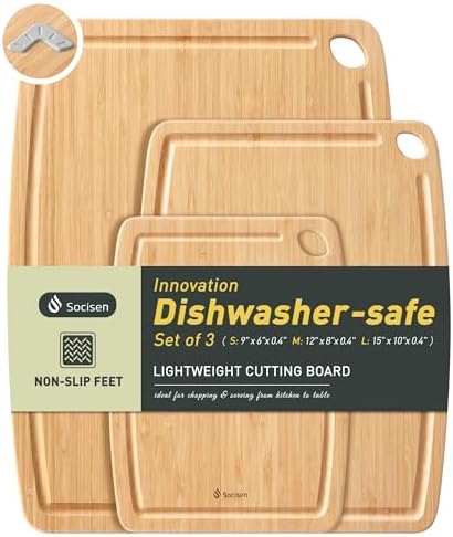 Lightweight Durable Bamboo Cutting Board Set with Non-Slip Feet, Wood Cutting Board for Busy Kitchen, Easy Clean Wooden Chopping Boards with Juice Groove Best House Warming Gift Set of 3 (S+M+L)