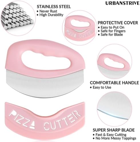 Urbanstrive Heavy Duty Stainless Steel Pizza Cutter with Cover, Super Sharp Blade Pizza Knife Pizza Cutter Rocker, Perfect Kitchen Gadgets for Pizza Cutting Home Essentials (Pink)