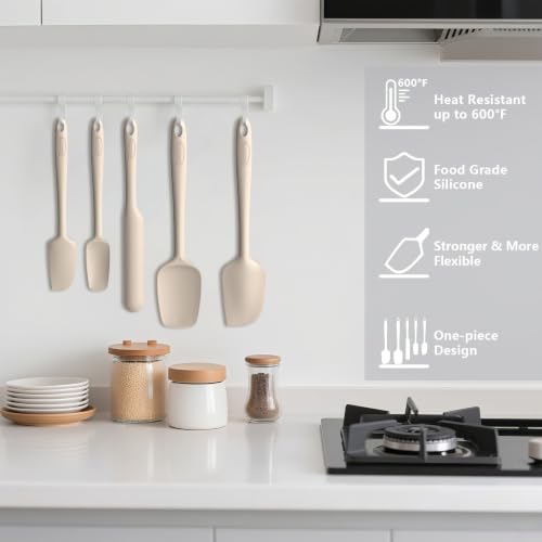 Coukre Silicone Spatula Set of 5,High Temperature Resistant, Food Grade Silicone, Dishwasher Safe, for Baking, Cooking (Pure Beige)