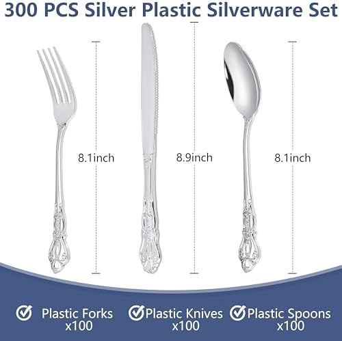 300PCS Silver Plastic Silverware Bulk for Parties & Weddings