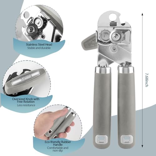 Safring Can Opener Manual, Heavy Duty Handheld Strong Can Opener with Soft Touch Handle, Sharp Blade Smooth Edge, Can Openers with Multifunctional Bottle Opener, Gray
