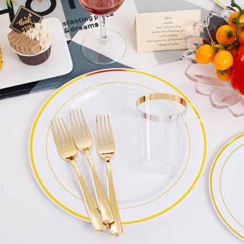 350 Pieces White and Gold Plastic Plates - 50 Guest Dinnerware Set Include 100 Plates, 50 Gold Plastic Silverware, 50 Paper Napkins and 50 Cups for Wedding/Baby Shower/Birthday/Party