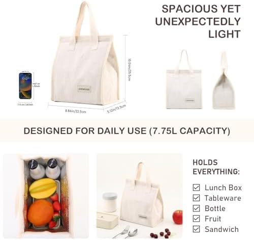 TELLUMO Corduroy Insulated Lunch Bag, 7.75L Large Capacity Reusable Lunch Box, Cute Lunch Tote for Women Men, Leakproof Lunch Cooler for Work Picnic Travel (Corduroy Beige)