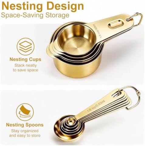 Bopei 14-Piece 18/8 Stainless Steel Measuring Cups and Spoons Set, Gold