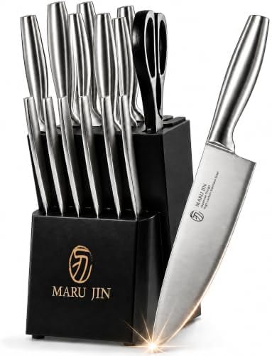 15-Piece Kitchen Knife Block Set, High-Carbon Stainless Steel Knives, Self-Sharpening Wooden Block, Premium Cutlery Set with Ergonomic Handle (Black, 15-pcs)