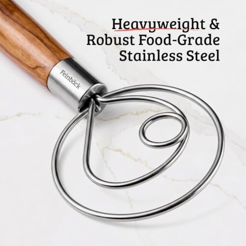 Danish Dough Whisk with Italian Olive Wood Handle, Stainless Steel Triple-Loop Coil, Ergonomic Baking Tool for Thick Dough and Batter