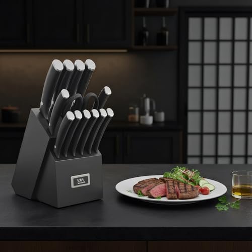 WANGMAZI 15‑Pcs Knife Block Set, Stainless Steel, Black