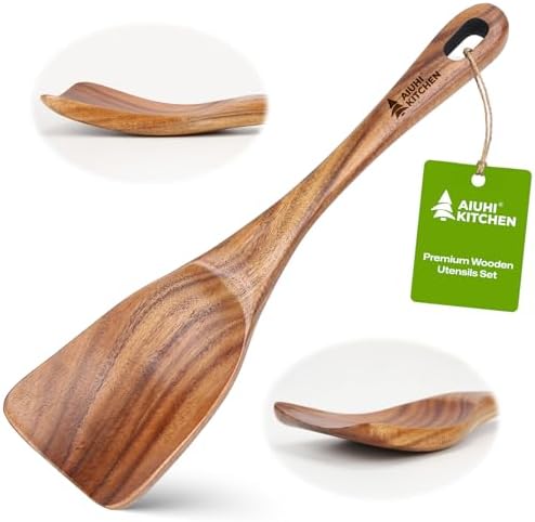 AIUHI Teak Cooking Spatula, Thick Wooden Spatula for Cooking, Deep Scoop Non-Stick Safe Heat Resistant Solid Teak Wooden Spatula for Kitchen Daily Use