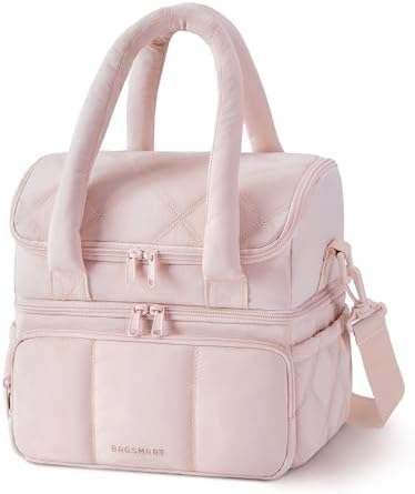 BAGSMART Lunch Bag Women, Double Deck Insulated Lunch Box, Pink