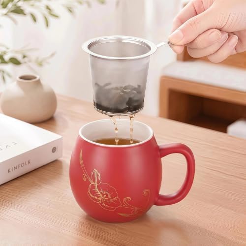 Yundu 12 OZ Ceramic Mug with Lid & Tea Strainer - Matte Red Tea Cup with Golden Flower, Stainless Steel Infuser for Loose Leaf Tea