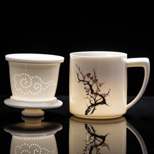 Ceramic Tea Mug with Infuser & Lid - 14oz Loose Leaf Tea Cup with Infuser,Hand-Painted Plum Blossom - Resilience & Elegance,Insulated Ceramic Coffee Mugs with Lid, Gift Set for Women/Men