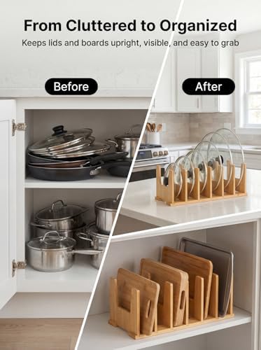 2 Pack Bamboo Pot Lid Organizer for Drawer & Cabinet, 6-Slot Lid Holder
