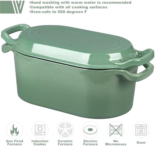 VORRINGARD Oval Dutch Oven Pot with Lid, Enamel Coating Cast Iron Bread Pans for Homemade Sourdough Bread Baking, Cooking, 4 Quart, Sage Green