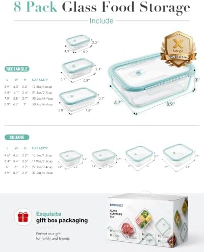 8-Pack Borosilicate Glass Food Storage Containers with Airtight Lids – Microwave, Oven, Freezer Safe, Leak-Proof, BPA-Free – Meal Prep, Baking & Gift Set