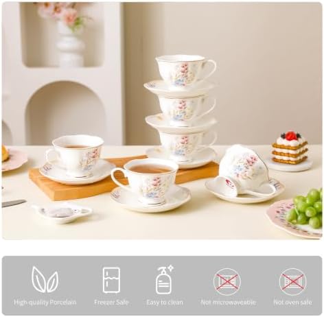 6oz Porcelain Tea Cup & Saucer Set of 6, Embossed Gold Floral