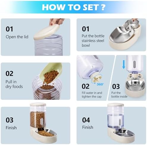 Automatic Cat Feeder and Water Dispenser with Stainless Steel Bowl Gravity Food Feeder and Waterer Set for Small Medium Dog Puppy Kitten 1 Gallon x 2(Beige)