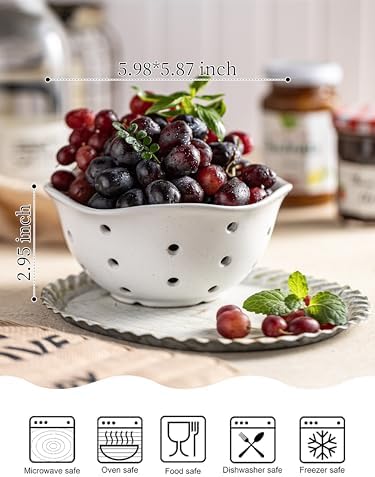Gomakren Ceramic Berry Basket Set of 2, Floral Fruit Bowl 6in, Cream White