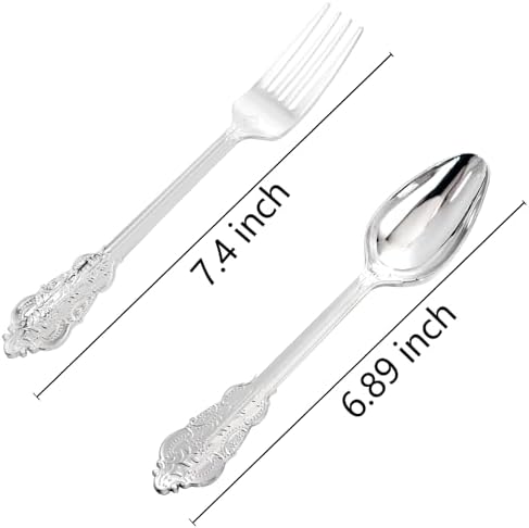 BUCLA 200PCS Silver Plastic Forks and Spoons - Plastic Silverware Baroque - Disposable Silverware Heavy Duty - 100PCS Silver Forks and 100PCS Spoons for Weddings, Christmas and Party