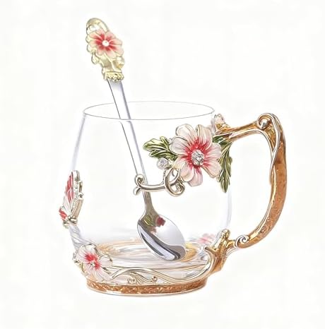 Flower Glass Coffee Tea Cup With Spoon Set Ideal Gifts For Mom Women Christmas Stocking Stuffers Valentine's Day Birthday Gifts For Her Girlfriend Wife Nice Present From Daughter Son(Short Red)