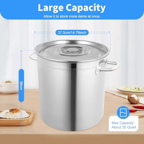 Stainless Steel Stock Pot with Lid, 30 Quart Heavy Duty Induction Soup Pot with Airtight Lid and Strong Handles, Commercial Big Pot 1.2mm Thick Body, Heat Distribution, Compatible Most Cooktops