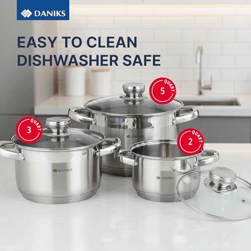 Daniks Standard 6-Piece Stainless Steel Cookware set with Glass Lid, Try-Ply Bases for Even Heating, Induction Compatible, Dishwasher Safe, Built-In Measuring Scale, Silver