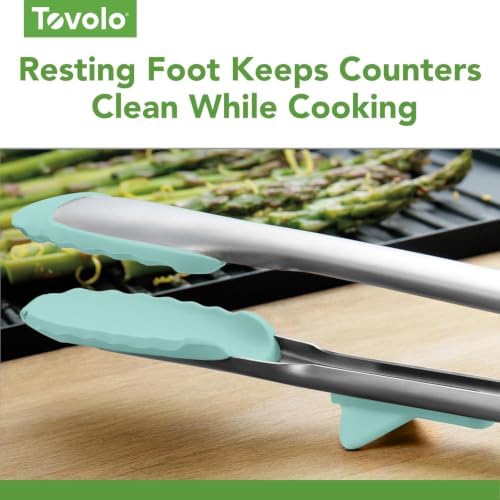 Tovolo Tongs With Silicone Tips Easy Grip 13” Long Kitchen Tongs Stainless Steel Handle For Cooking, Non Scratch Heat Resistant Metal Silicone Tipped Dishwasher Safe BPA Free Aqua Seafoam Green