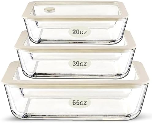 Glass Meal Prep Containers with Lids, Airtight Leak Proof Food Storage Containers, Plastic-Free Silicone Framed Vented Glass Lids, Oven Safe Baking Dishes, Microwave, Fridge, Freezer & Dishwasher Safe