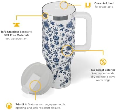 RTIC 40oz Road Trip Tumbler, Insulated, Ceramic Lined, Blue Bouquet