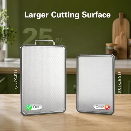304 Stainless Steel Cutting Board 16''×11'' – Double-Sided Kitchen Chopping Board for Meat, Fruits & Vegetables, Rust-Resistant Steel Cutting Board with Dual Juice Grooves, Easy to Clean