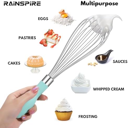Rainspire 9" 10" 12" Wire Whisk Stainless Steel, Balloon Whisks for Cooking, Wisk Wisking Tool With Soft Silicone Handle, Thick Durable Whisker for Blending, Beating, Whisking, Stirring, Mint Green