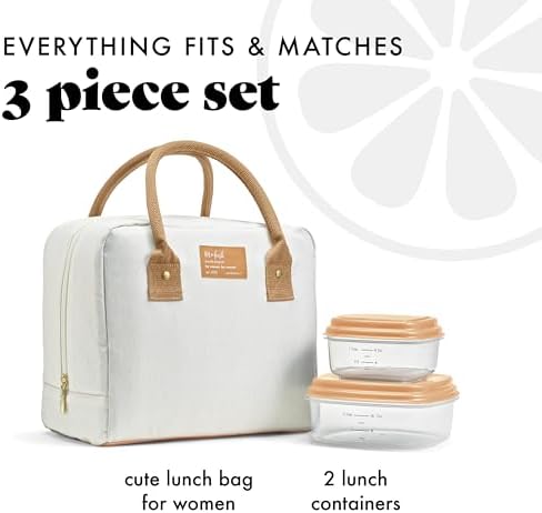 Fit & Fresh Lunch Bag For Women, Insulated Womens Lunch Bag For Work, Leakproof & Stain-Resistant Large_Lunch Box_For Women With Containers, Zipper Closure Bloomington_Bag, Ivory Woven (Pack of 4)