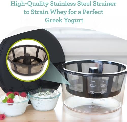 Euro Cuisine GY60 Greek Yogurt Maker with Ultra Fine Mesh Stainless Steel Strainer Basket, BPA Free, Patented Greek Yogurt Strainer, Ideal for Healthy Homemade Yogurt, Dips, and Desserts