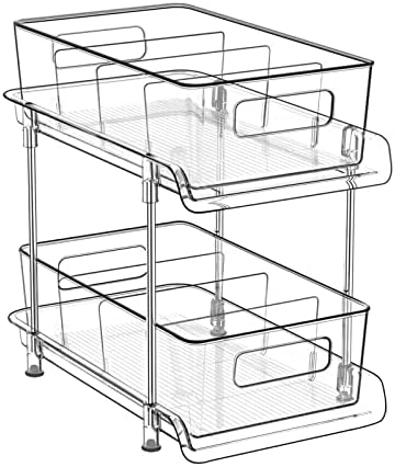 HIHEGD 2 Tier Bathroom Storage With Dividers, Clear Under Sink Pull Out Organizer for Kitchen Pantry, Medicine Cabinet