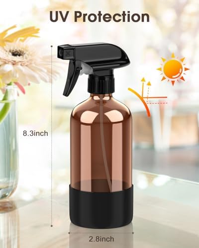 Bontip Glass Spray Bottle with Silicone Sleeve Protection, Amber Glass Spray Bottle Set for Window Cleaner Aromatherapy Facial Hydration Watering Flowers Hair Care 2 Pack/16 oz (Black & Brown)