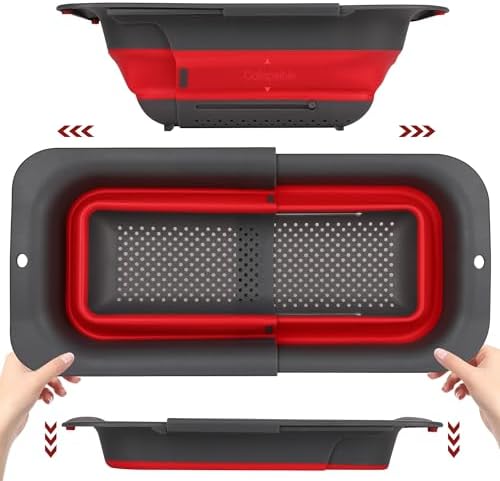 ROTTOGOON 7Qt Collapsible Colander Strainer, Expandable Over the Sink Colander, Adjustable Silicone Kitchen Sink Strainer, Foldable Large Colanders Basket to Wash Vegetable, Fruit, 15" to 19.9", Red