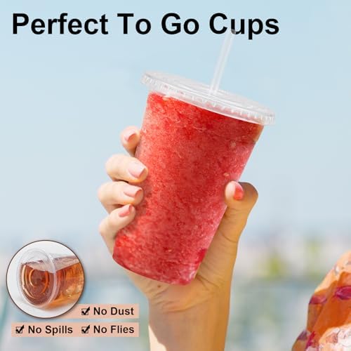 Lamosi 100 Pack 16 oz Plastic Coffee Cups with Lids, Disposable Clear Cups