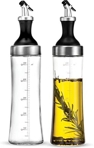 FineDine Superior Glass Oil and Vinegar Dispenser, Modern Olive Oil Dispenser, Wide Opening for Easy Refill and Cleaning, Clear Glass Oil Bottle, Pouring Spouts, 18 Oz. Cruet Set (Set of 2)