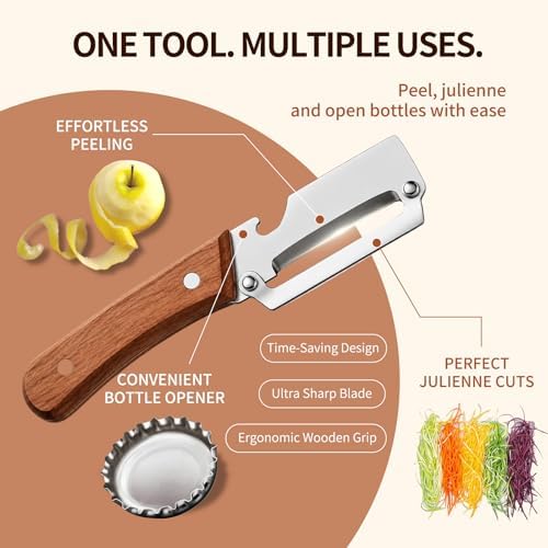 Multi-Functional Vegetable Peeler for Kitchen, Ultra-Sharp Stainless Steel Blade with Wooden Handle and Bottle Opener,2-in-1 Stainless Steel Kitchen Tool for Fruit Apple Potato Pumpkin Papaya