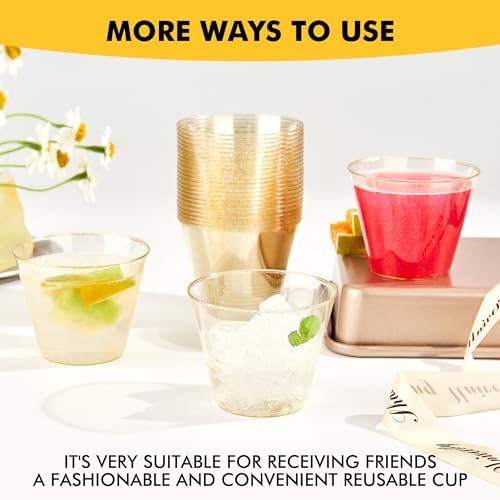 RACETOP 200 Pack 9 oz Gold Glitter Plastic Cups Tumbler