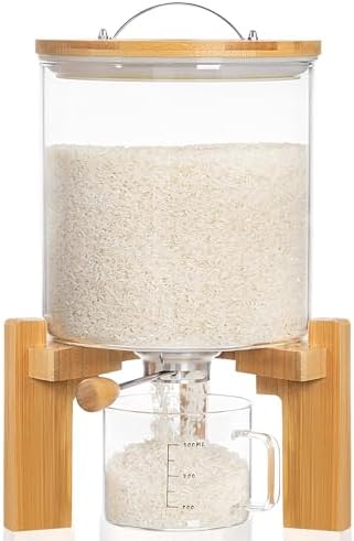 HBlife 8-10 Lbs Glass Rice Dispenser with Wooden Stand Flour and Cereal Container with Glass Measuring Cup Pantry Food Organization Storage Bin with Airtight Bamboo Lid, 5L