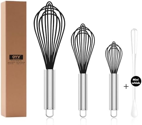 OYV Black Silicone Whisk Set of 3, 8/10/12 Inch, Non-Scratch