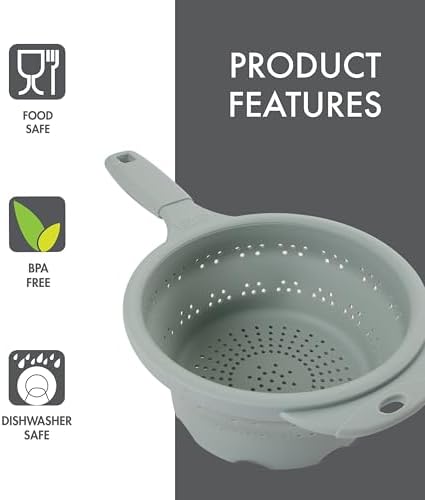 Dexas 8" Collapsible Silicone Strainer in Sage, Kitchen Strainer with Handles, 7.2 Cup Capacity | BPA-Free, Heat-Resistant, Space-Saving Kitchen Tool