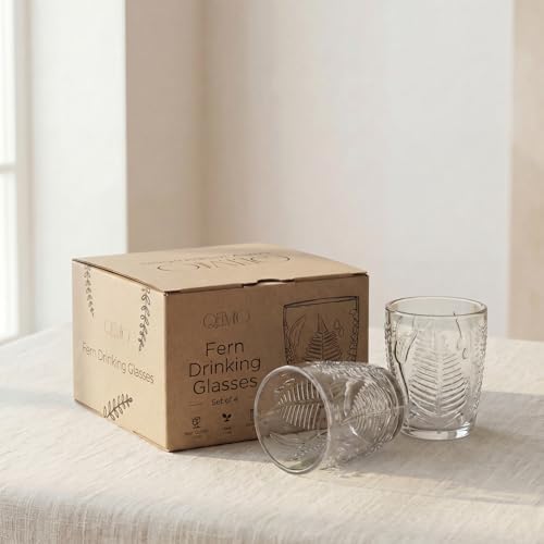 Clear Drinking Glasses Set of 4, 10 oz Glass Cups, Vintage Fern Glassware