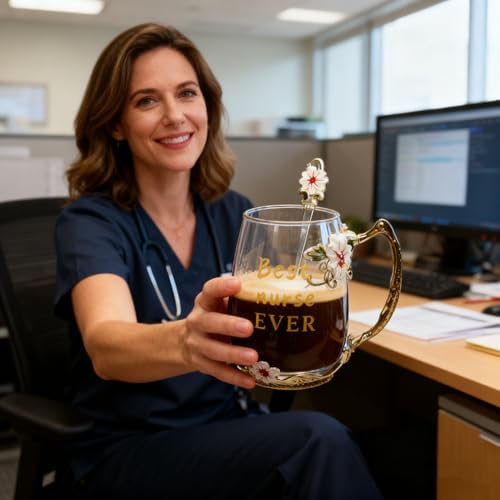 National Nurses Day Flower Glass Cup with Unique Flower Printing and Spoon - Ideal Nurse Christmas Gift (Nurse)