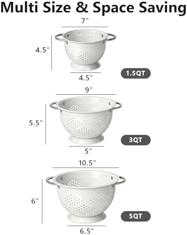 Colander Set for Kitchen, 1.5, 3, 5 Qt Food Strainers and Colanders