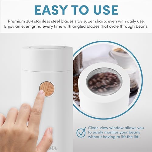 Aroma Housewares Mini Coffee Grinder and Electric Herb Grinder with 304 Stainless Steel Grinding Blades and a Premium Clear Lid (40 g.), White