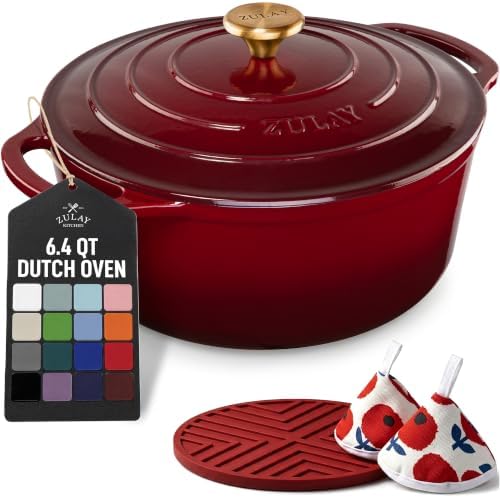 Zulay Kitchen 6.4QT Enameled Cast Iron Dutch Oven Pot with Lid, Heavy-Duty Soup Pot for Stews, Braising, Roasting & Sourdough Bread Baking, Oven Safe up to 500°F – Garnet