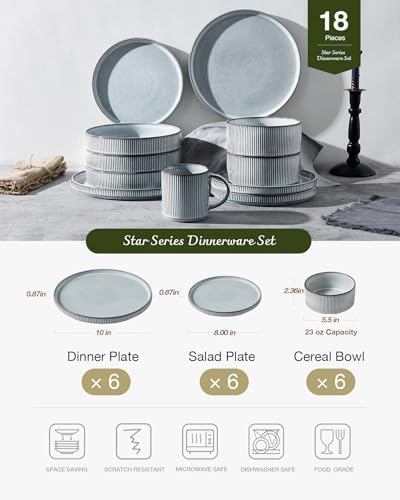 Famiware Star Plates and Bowls Sets, 18pc Modern Stoneware Dinnerware for 6